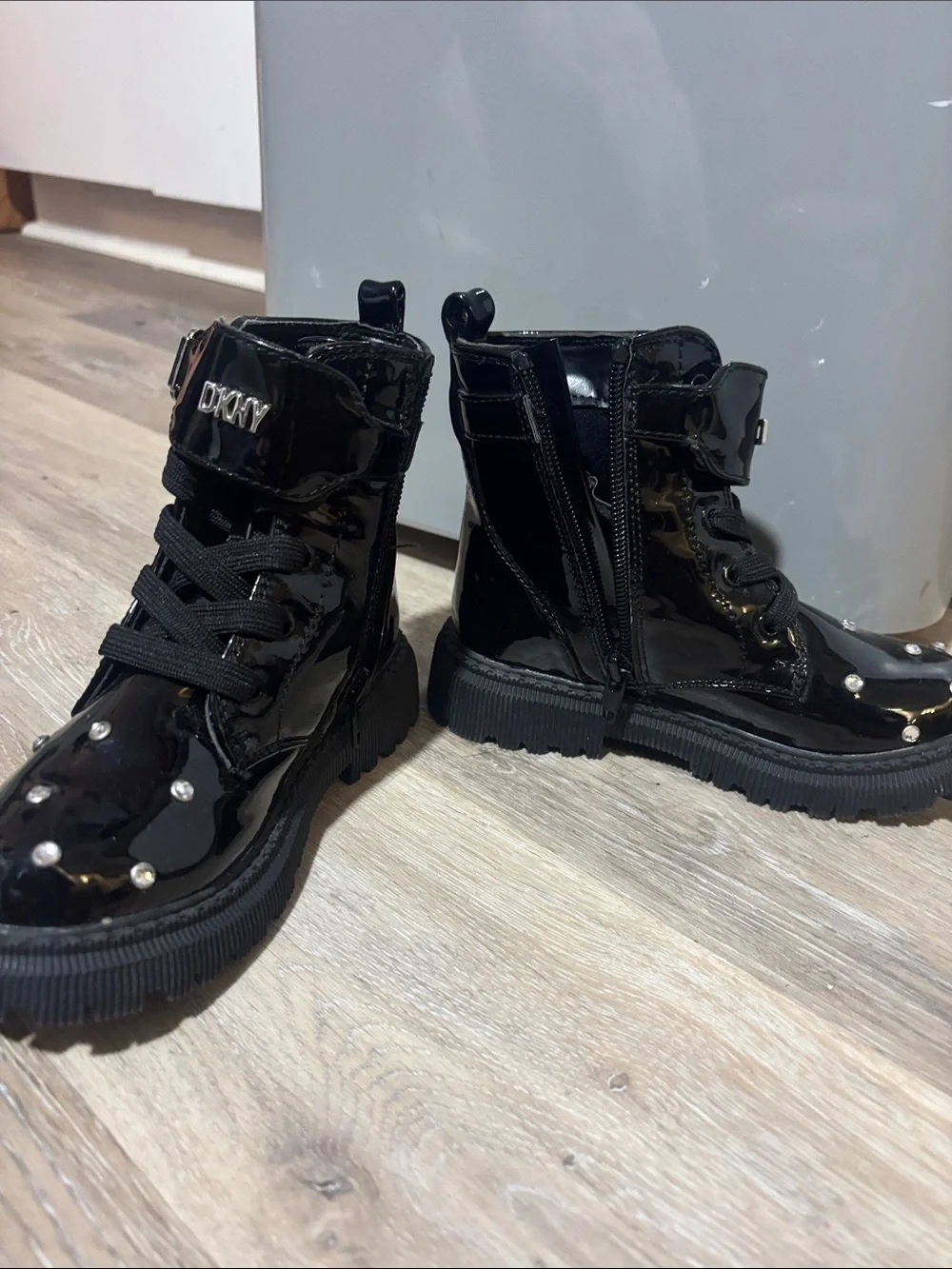 DKNY Girls Ava Dila Moto Black Patent Studded Combat Boots